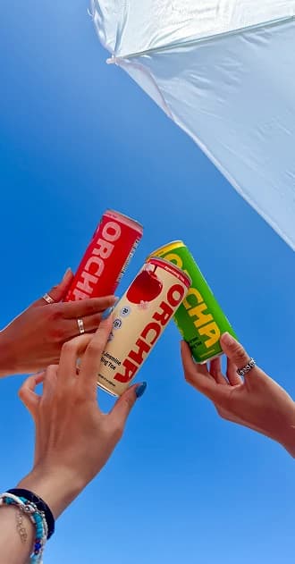 Three hands holding Peach Oolong, Apple Jasmine and Mango Green cans up against a blue sky