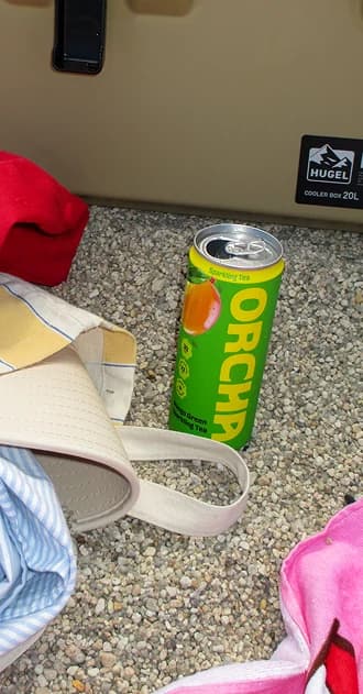 A Mango Green can on gravel beside a cooler box and a beach bag